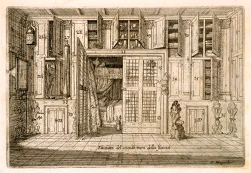 Innenraum, Zeichensaal (Studie aus Cornelio Meyers Buch des Wissens, 1696, Gravur)